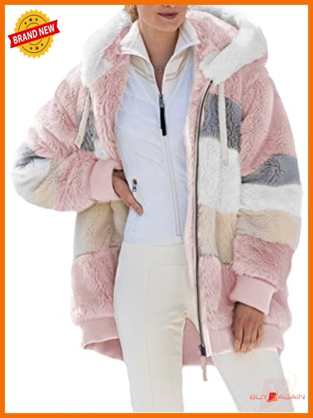 Fuzzy Fleece Hooded Zip Cardigan Coat with Pockets